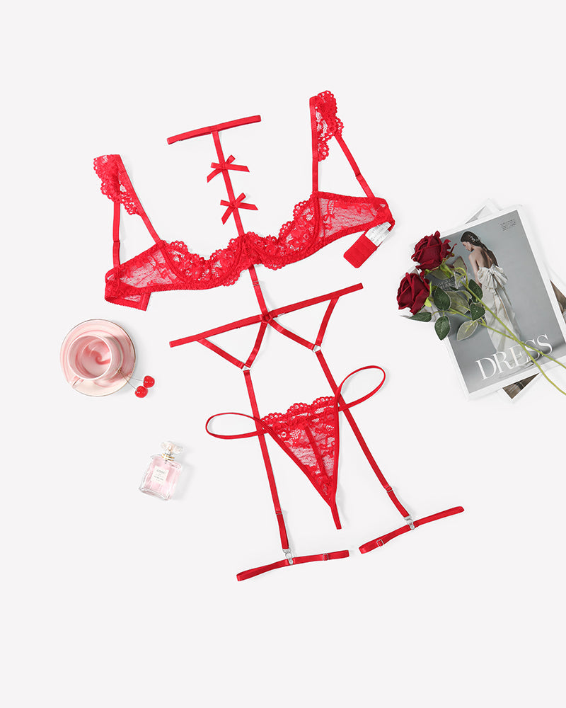 Lace Garter Belt Bra Choker 4-Piece Lingerie Set