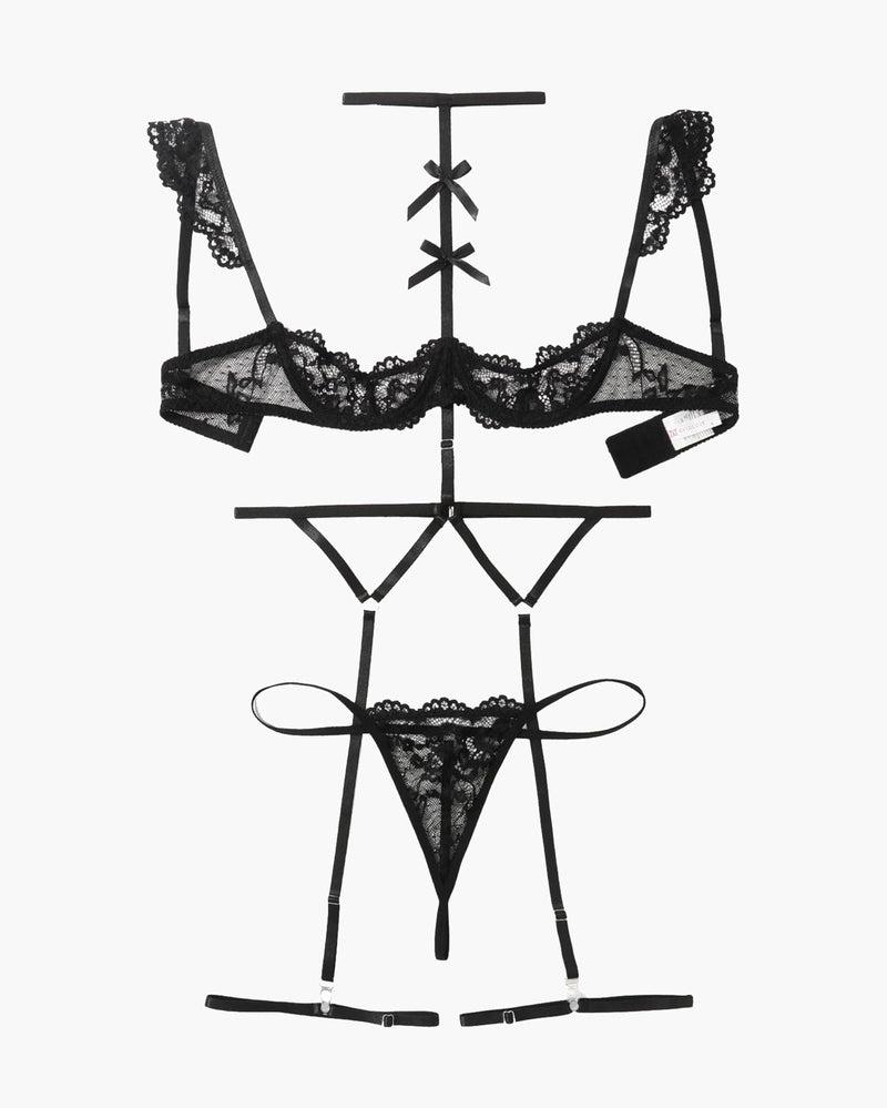 Lace Garter Belt Bra Choker 4-Piece Lingerie Set