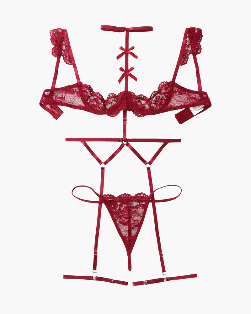 Lace Garter Belt Bra Choker 4-Piece Lingerie Set