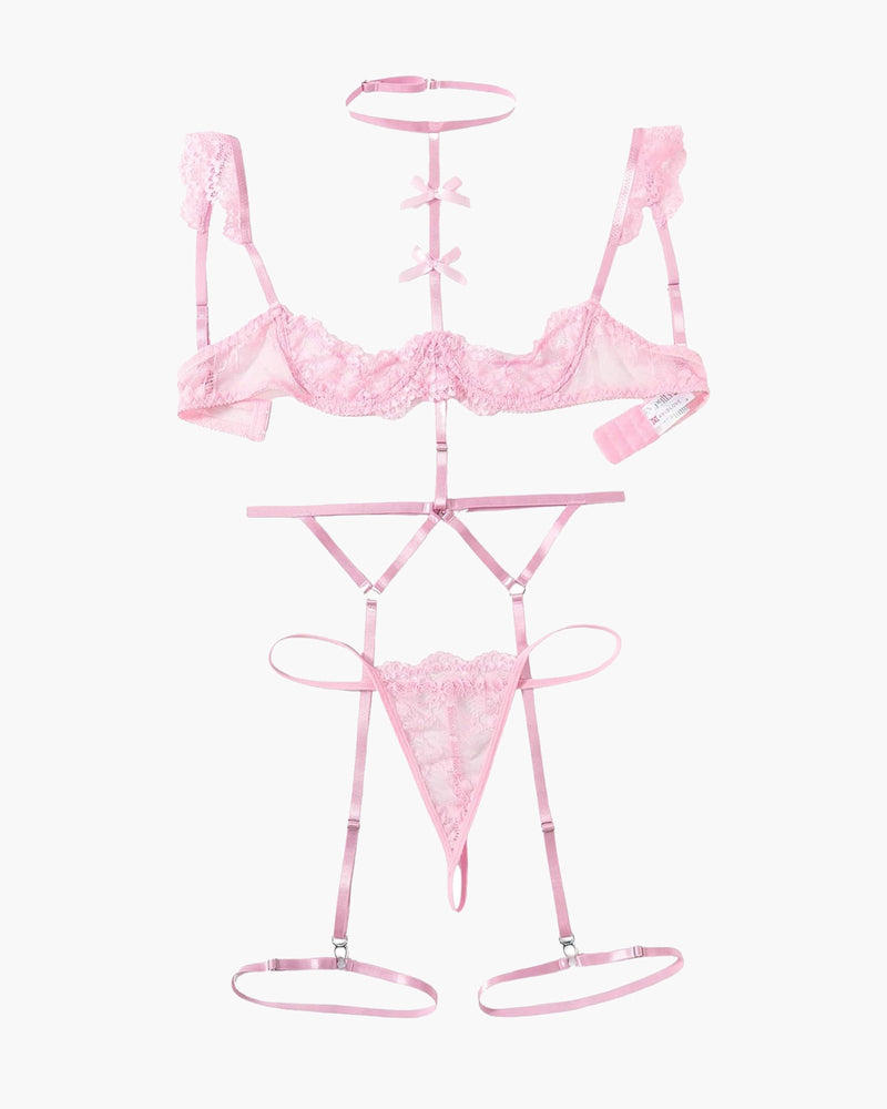 Lace Garter Belt Bra Choker 4-Piece Lingerie Set