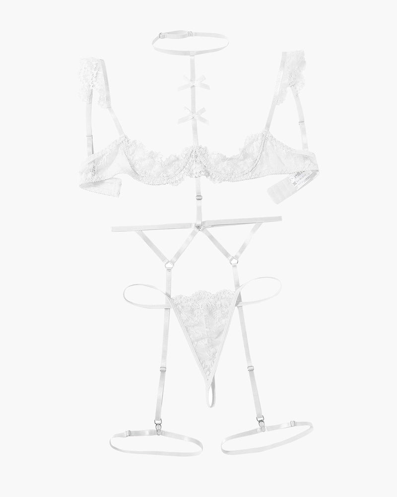 Lace Garter Belt Bra Choker 4-Piece Lingerie Set