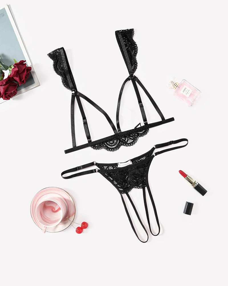 Floral Lace Cutout Bra Panty Lingerie Set