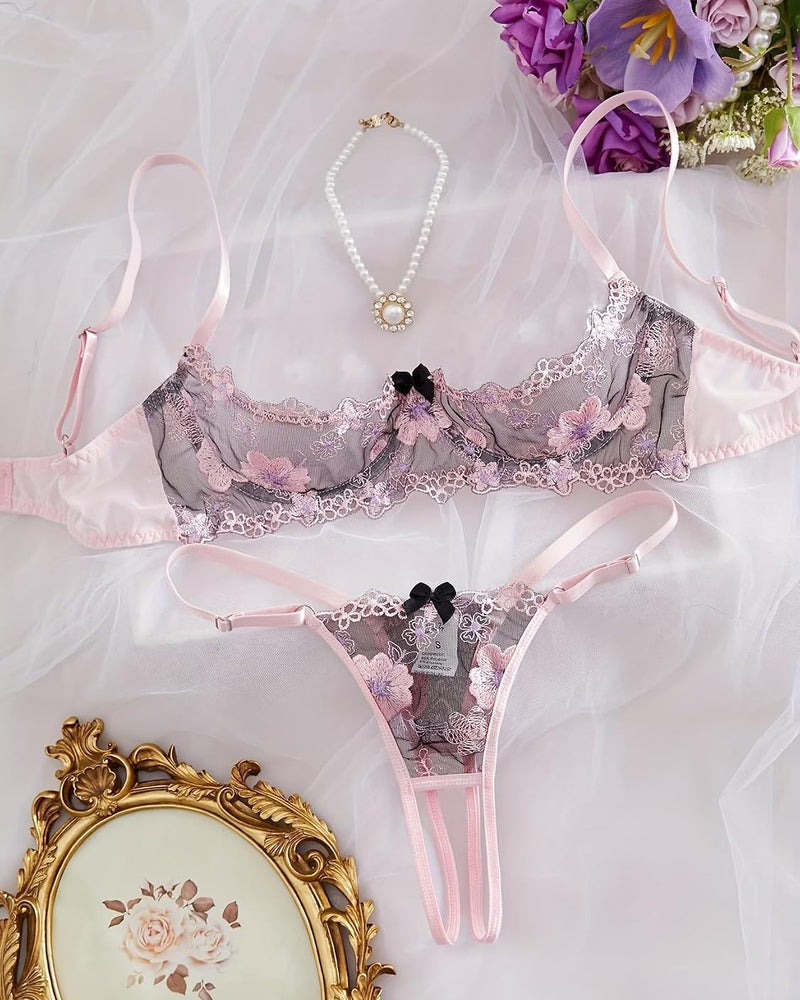 Embroidered Bra and Panty Set 2 Piece Underwire Open Cup Lingerie
