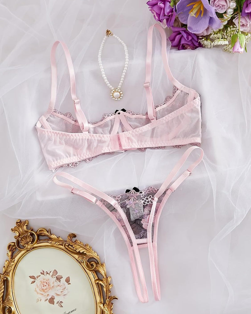 Embroidered Bra and Panty Set 2 Piece Underwire Open Cup Lingerie