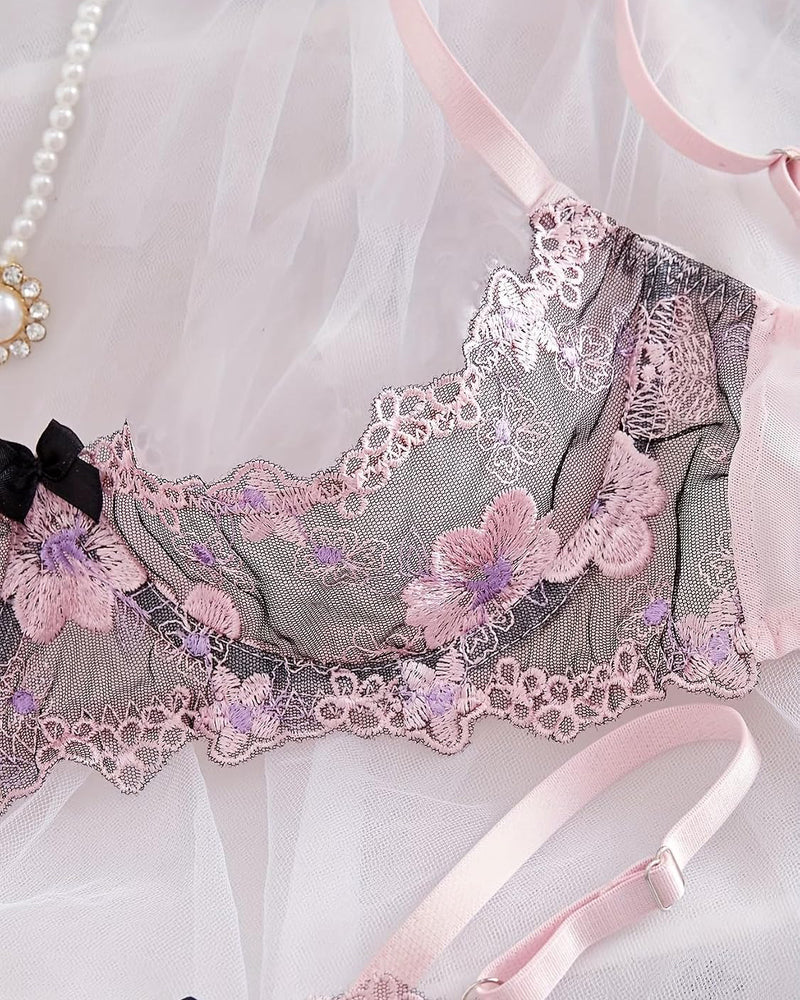 Embroidered Bra and Panty Set 2 Piece Underwire Open Cup Lingerie
