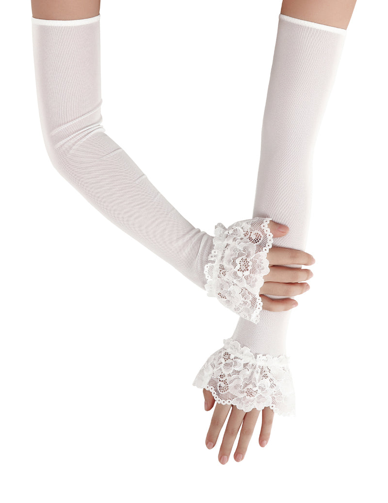 Long Fingerless Sheer Gloves with Ruffle Lace Cuffs