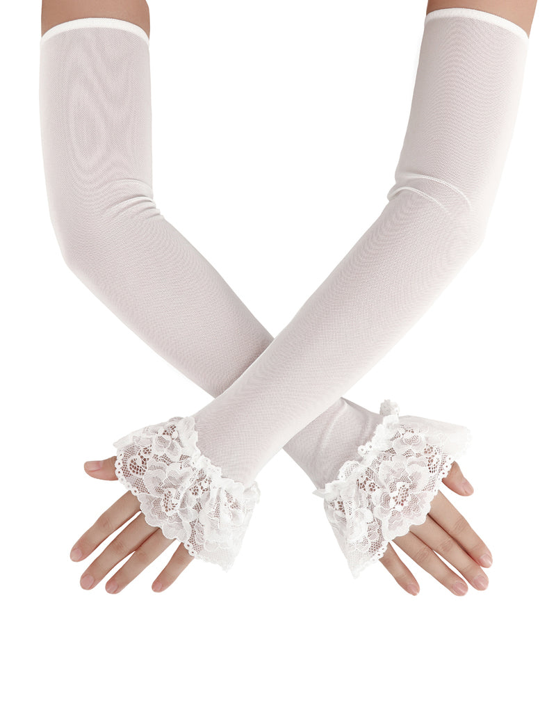 Long Fingerless Sheer Gloves with Ruffle Lace Cuffs