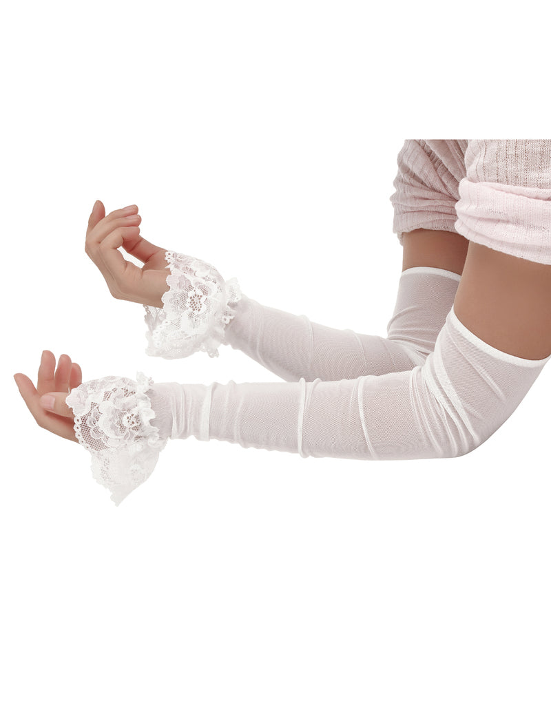 Long Fingerless Sheer Gloves with Ruffle Lace Cuffs