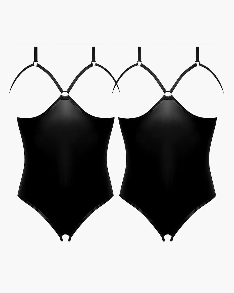 Matte Faux Leather Cupless Crotchless Teddy Bodysuit