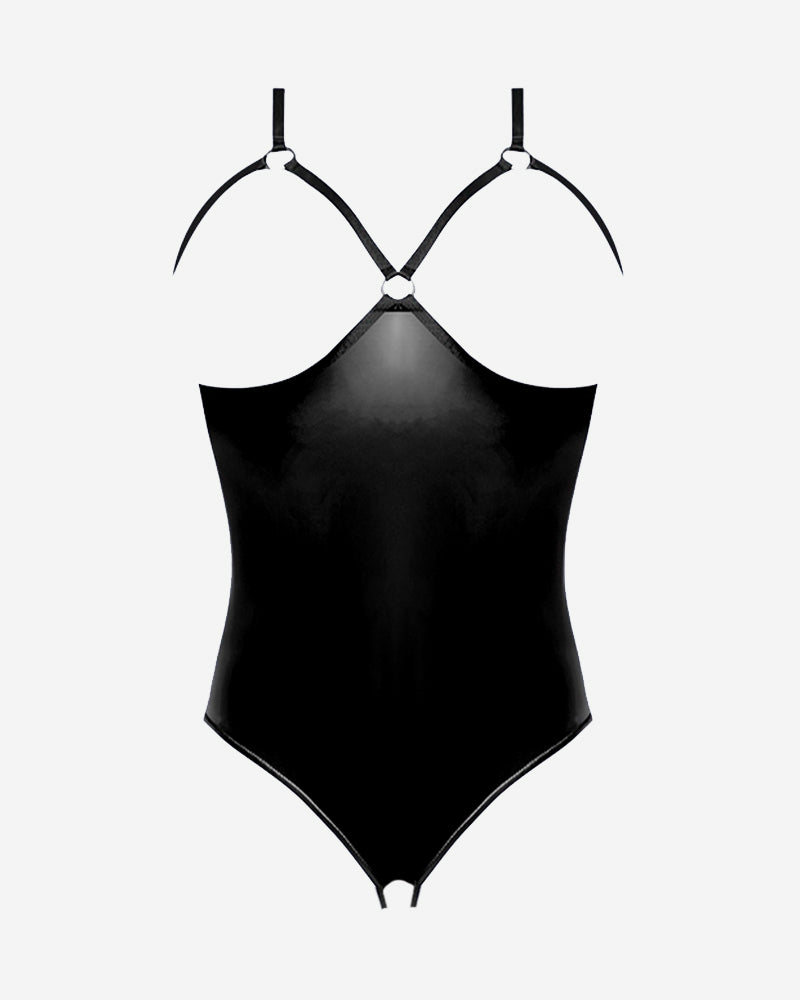 Matte Faux Leather Cupless Crotchless Teddy Bodysuit