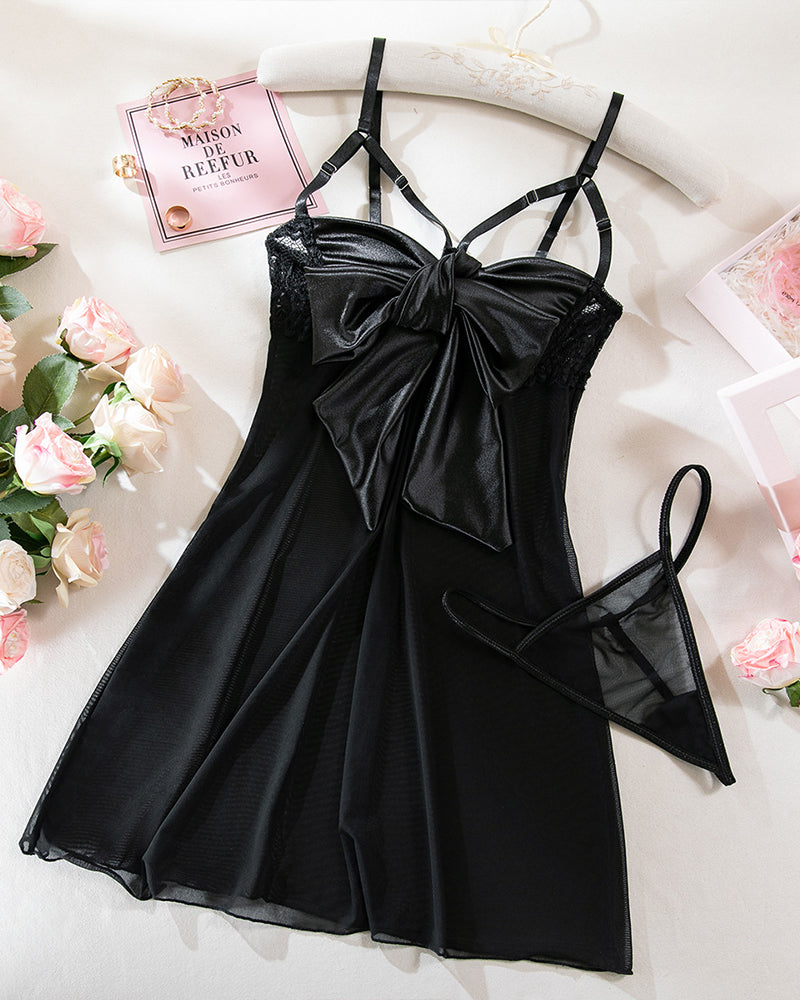 Bowknot Elastic Mesh Cupless Lace Nightdress