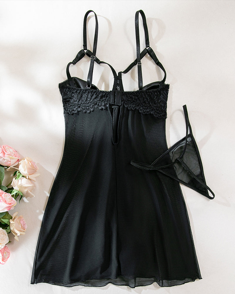 Bowknot Elastic Mesh Cupless Lace Nightdress