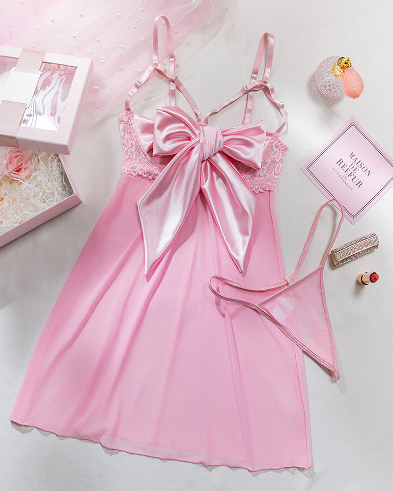 Bowknot Elastic Mesh Cupless Lace Nightdress
