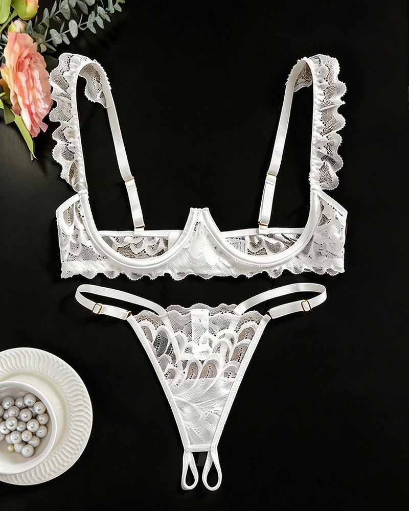 Cupless Lace Bra and Crotchless Thong Set