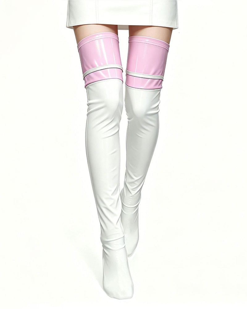 Wet-Look Faux Leather Thigh-High Stockings