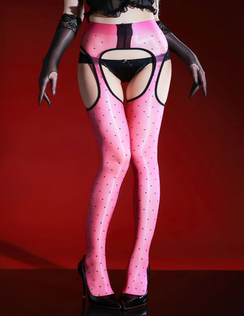 Glossy Oil-Shine Polka Dot Harness Crotchless Pantyhose